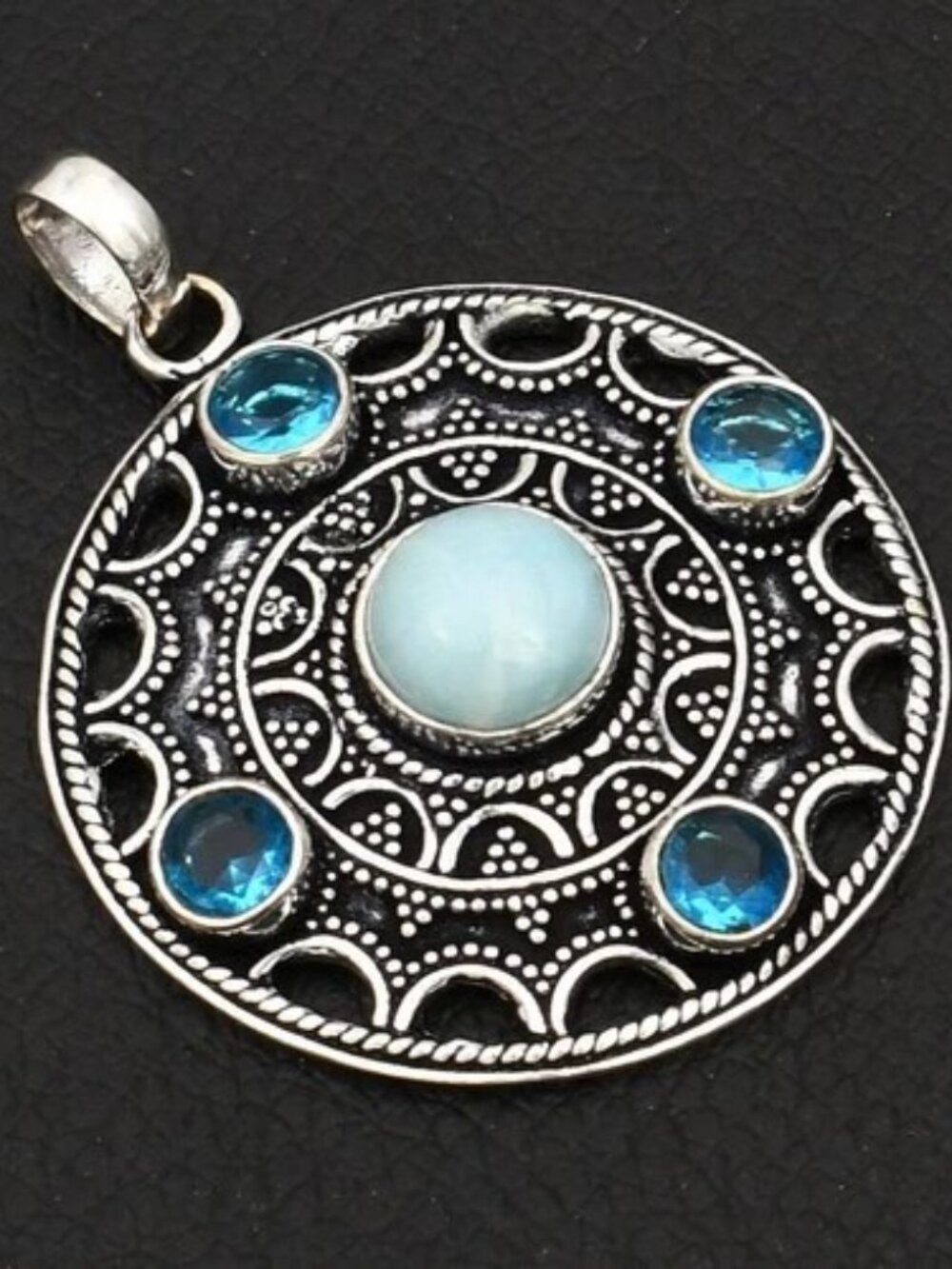 Larimar Blue Topaz Gemstone Sterling Silver Mandana Pendant